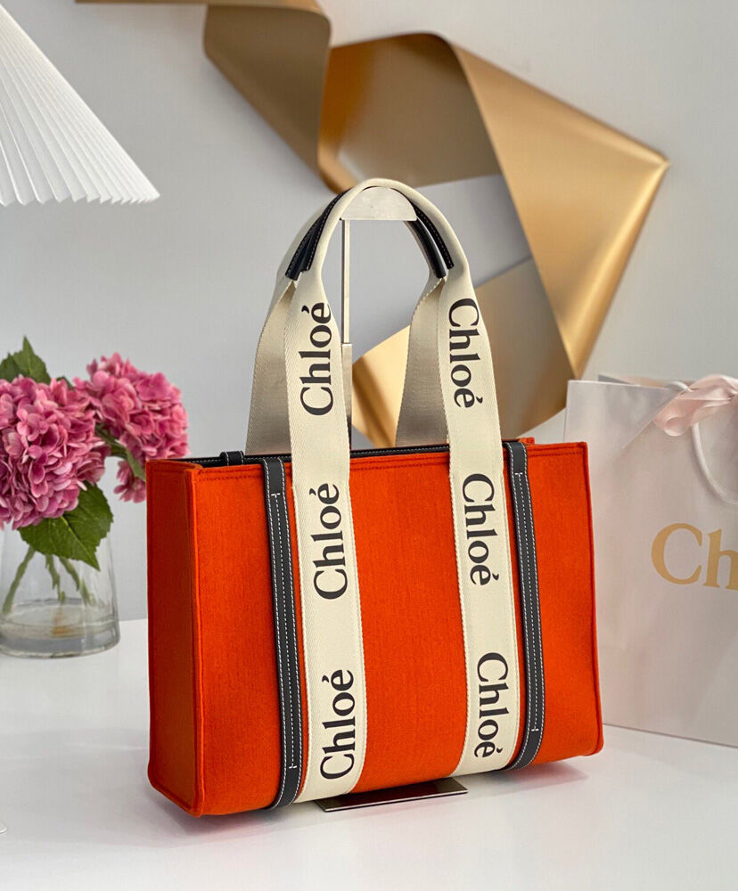 Chloe Medium Woody Tote Bag Canvas with Leather Orange